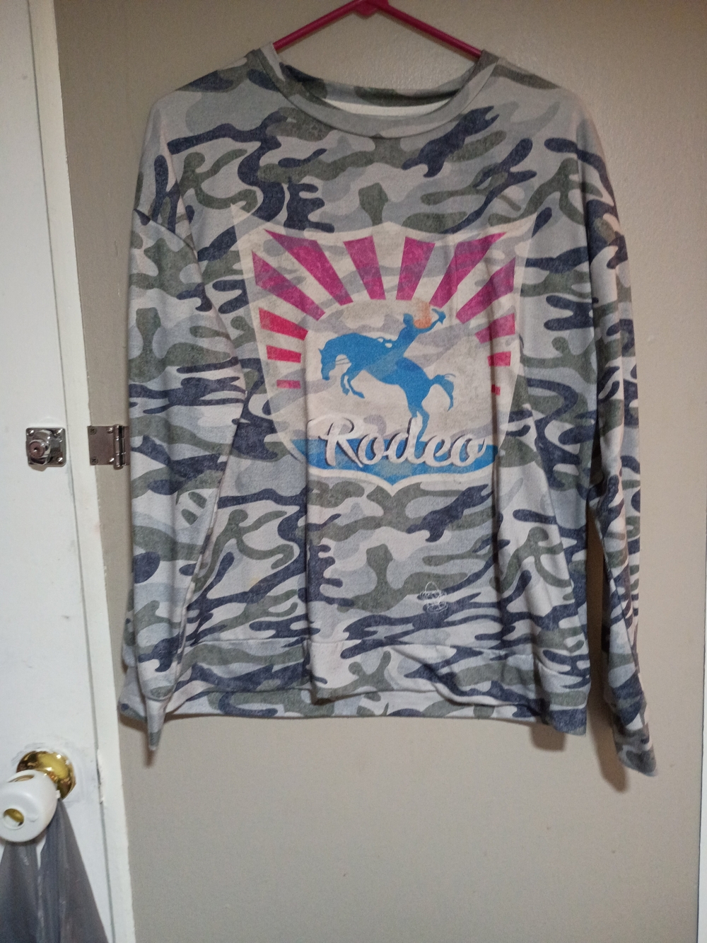 Rodeo Graphic Crewneck Sweater - Gray Camo with Pink & Blue Accents